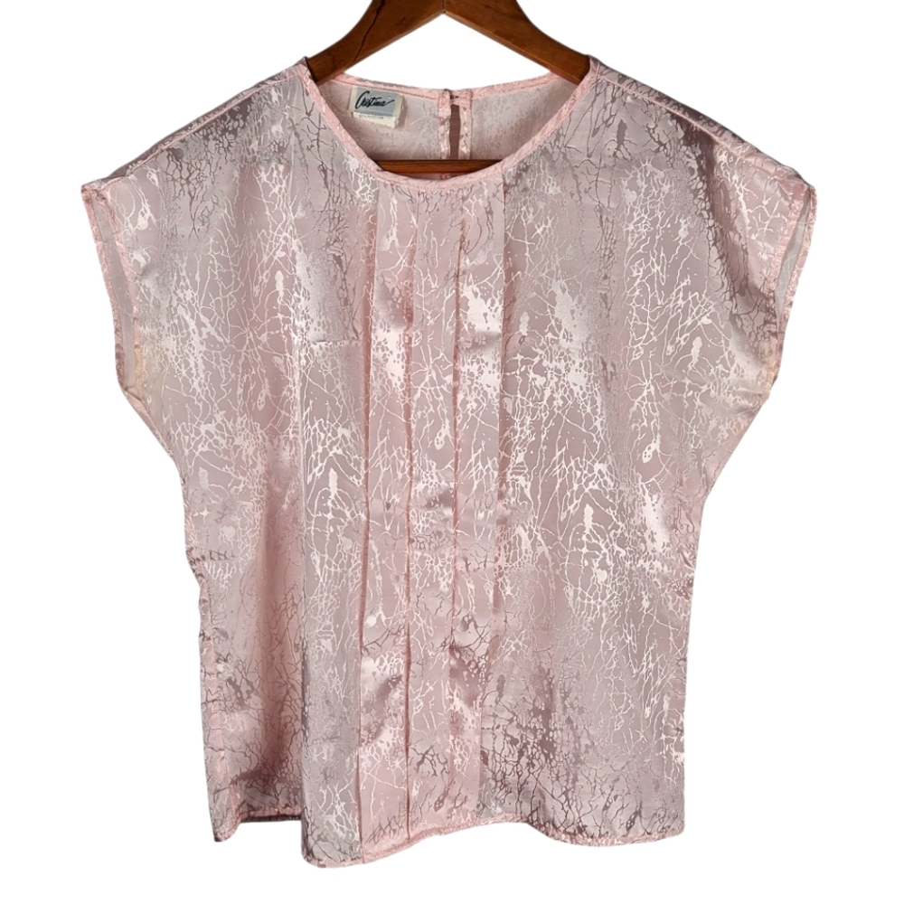 Cristina vintage 80s pink satin look blouse Top Shirt Sz Small Pleated